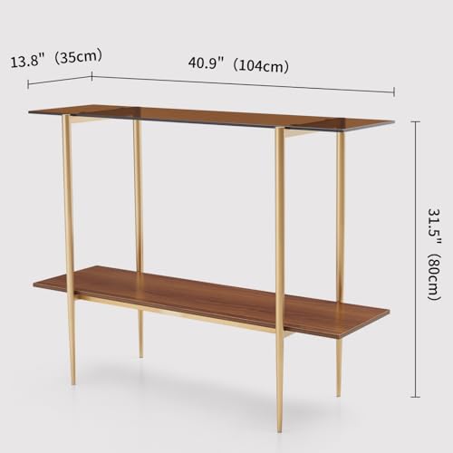 LumFurn Glass Console Table for Living Room, Foyer & Entrance, 2-Tiers Mid-Century Modern Sofa Table with Amber Glass Top, Walnut Finish Wood Shelf and Gold Finish Frame LumFurn