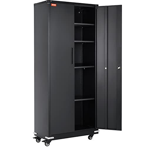 VEVOR Metal Storage Cabinet with Wheels, 75" Locking Cabinet with 2 Magnetic Doors and 4 Adjustable Shelves, 200 lbs Capacity per Shelf, Metal Cabinet with 3 Keys for Office, Garage, Home, Black VEVOR
