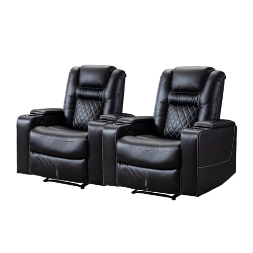 CANMOV Electric Power Recliner Chair Set of 2, Breathable Leather Home Theater Seating with Hidden Arm Storage, Power Recliner Chair for Living Room with USB Ports and Cup Holders,Black