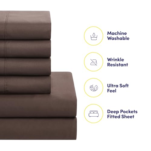 Sweet Home Collection 5 Piece Comforter Set Bag Solid Color All Season Soft Down Alternative Blanket & Luxurious Microfiber Bed Sheets, Brown, Twin XL Sweet Home Collection