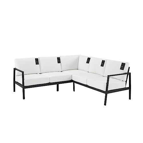 Linon Greyton Black Aluminum Frame Outdoor Sectional with White Removable Cushions Linon