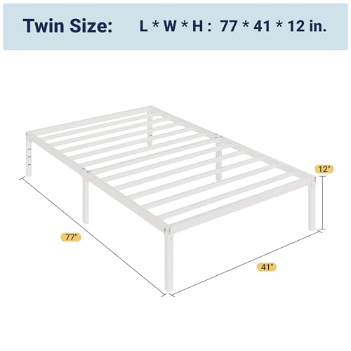 Allewie Twin Bed Frame, 12 Inch Metal Platform Beds with Storage Space, No Box Spring Required and Easy Assembly, White Allewie