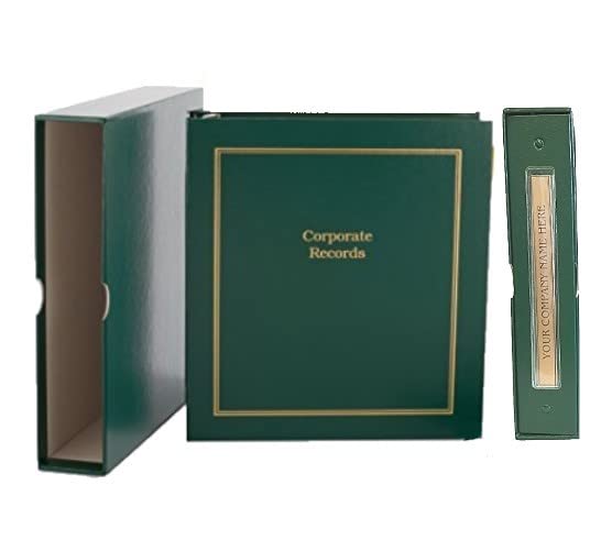 Corporate Kit (Green) - Binder, Slipcase, Minutes & Bylaws, Stock Certificates, Index Tabs & Black R-542 Self-Inking Corprate Seal Stamp Hubco
