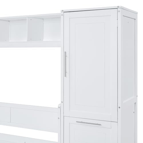 SOFTSEA Queen Size Horizontal Murphy Bed, Queen Murphy Bed with Desk Wardrobe Storage Shelf, Hideaway Wall Bed Frame with Drawers Space-Saving for Guest Room Bedroom or Office, White SOFTSEA
