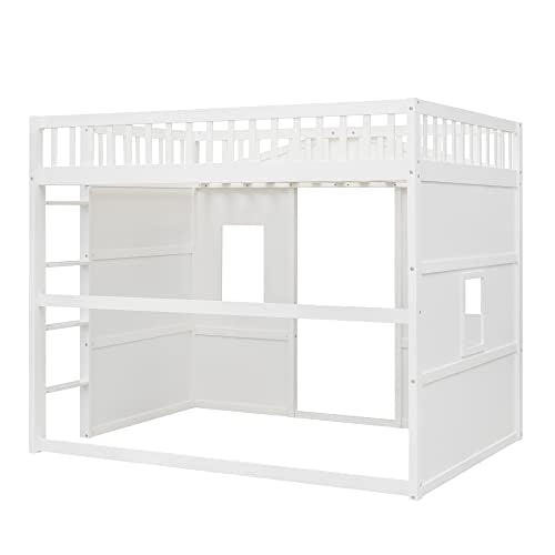 Merax Low Loft Bed Full Size with Underneath Play Space, Full House Loft Bed with 2 Windows and Ladder, Wood Bed Frame, No Box Spring Needed, White Merax