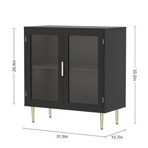 Housoul Sideboard Buffet Cabinet with 4 Doors, Modern Sideboard Cabinet with LED Lights, Bar Cabine with Adjustable Shelf, Coffee Bar Storage Cabinet with Golden Handles for Kitchen, Black Housoul