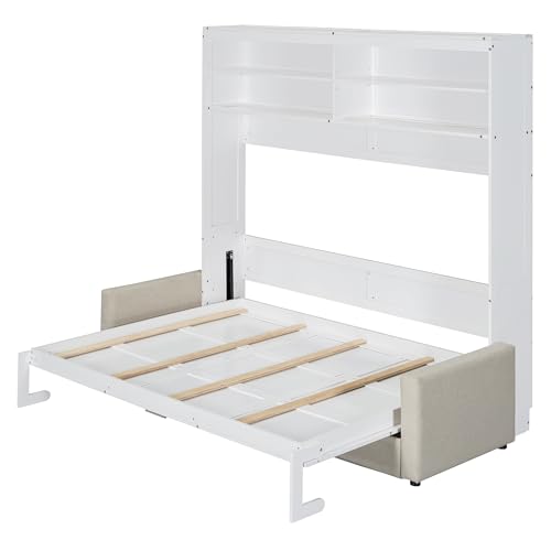 LZ LEISURE ZONE Queen Size Murphy Bed, Wooden Queen Murphy Bed with Sofa, Cushion and Shelves, White LZ LEISURE ZONE