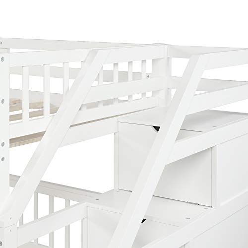 MERITLINE Twin Over Full L Shaped Bunk Beds with Stairs and Storage, Solid Wood Convertible Bunk Loft Beds with Storage Staircase and Guardrail, No Box Spring Needed (Twin Over Full,White) MERITLINE