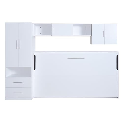Merax Twin Murphy Bed Cabinet with Storage Wardrobe, Wood Folding Wall Cabinet Bed w/Open Shelves & Drawers, for Guest Room, Home Office, White Merax