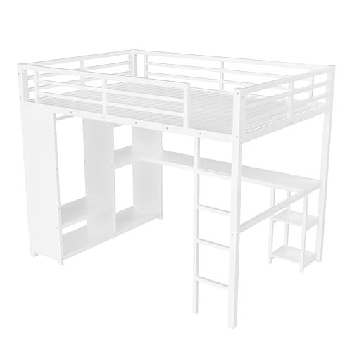 Bellemave Queen Size Loft Bed with Desk, Wardrobe, Metal Queen Loft Bed Frame for Adults, Kids, Teens, White Bellemave