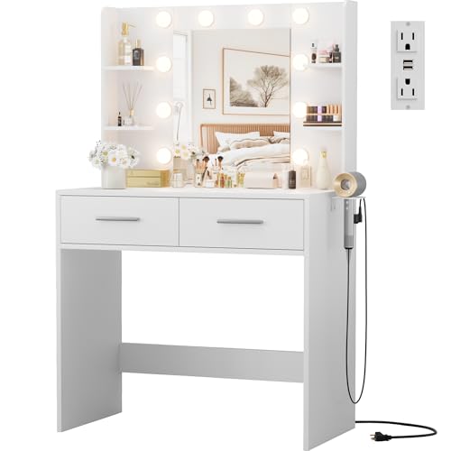 JUMMICO Makeup Vanity Desk with Mirror and Lights Power Outlet, Vanity Table Makeup Desk 2 Drawers, 6 Storage Shelves Hairdryer Holder & Bench Dressing Table for Bedroom (White, No Bench) JUMMICO