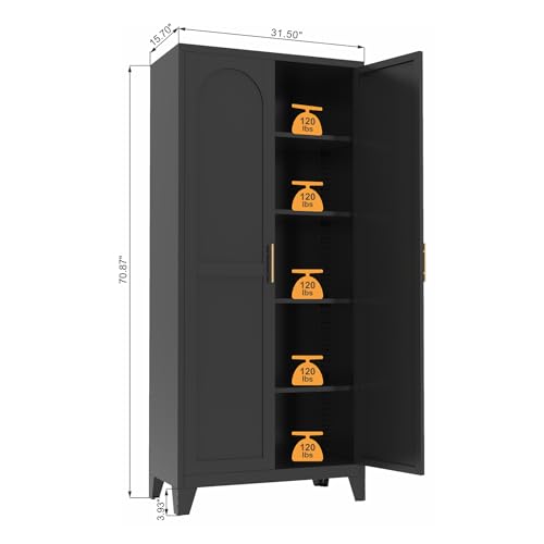 Ball & Cast 71″Tall Freestanding Kitchen Pantry Cabinet,Versatile Metal Storage Cabinet w/Adjustable Shelves & Doors,Pantry Cabinet for Kitchen and Dining Room,Black Ball & Cast