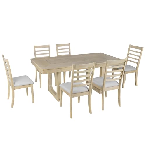 Merax 7 Piece Extendable Wooden Dining Table Set, Farmhouse Extendable with 18" Move Leaf, 78" Rustic and 6 Upholstered Chairs for Kitchen Room, Natural Merax