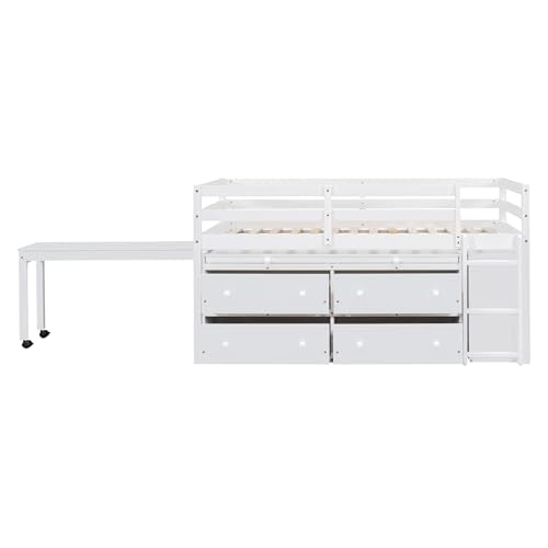 Ball & Cast Twin Size Loft Bed with Retractable Writing Desk & 4 Drawers,Wooden Bedframe W/Lateral Portable Desk & Shelves,Space Saving,Easy Assembly,Study Room Bedroom Set for Boy Girl Keens,White Ball & Cast