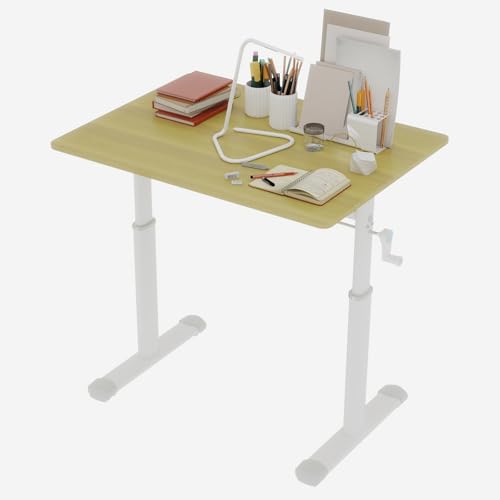 Penau Height Adjustable Standing Desk, Manual Crank Sit Stand Computer Desk, Compact Rectangular Home Office Study Desk, White Frame Natural Wood Top, 32.68 x 23.62 x 35.43 Inchs Penau