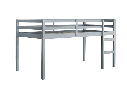 Mirightone Low Loft Bed Twin Size, Wood Junior Loft Bed Frame with Ladder for Kids Girls Boys Teens, Solid Rubberwood, Gray Mirightone
