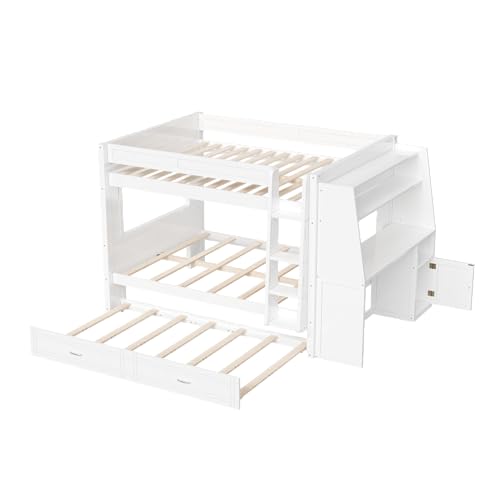 CKLMMC Full Size Multifunctional Bunk Bed with Desk and Bookshelves, Trundle, Space-Saving Wooden Bunk Bed for Kids & Teens (White/T) CKLMMC