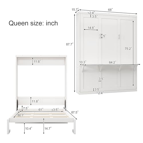 Ball & Cast Queen Size Murphy Bed, Folding Wall Bed with Desk, 68-inch Hideway Cabinet Bed, Hidden Platform Bed Frame for Bedroom,Office,Small Place,No Spring Box Needed, White Ball & Cast