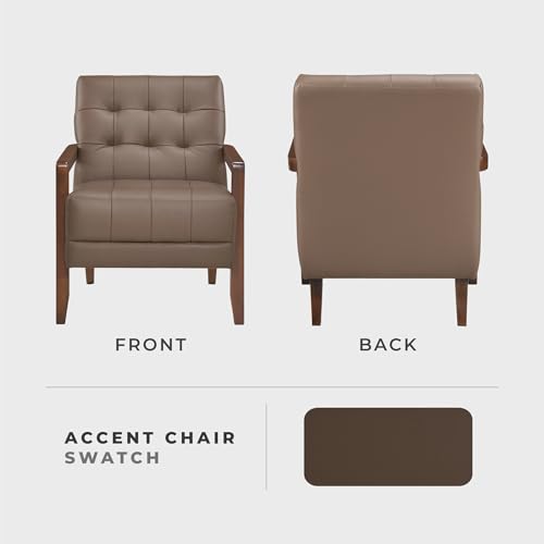 Lexicon Modern Accent Chair, Luxury Genuine Leather Match Living Room Chair with Tufted Cushions, Solid Wood Frame and Arm Rest, Comfy Upholstered Single Seat for Bedroom/Reading/Office, Brown Lexicon