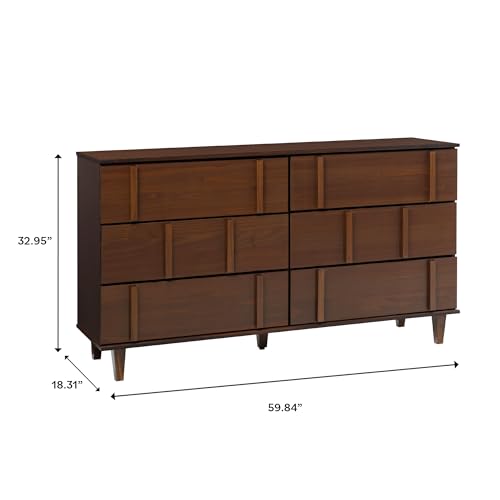Walker Edison Contemporary Detailed 6-Drawer Solid Wood Dresser, 60 Inch, Walnut-T Walker Edison