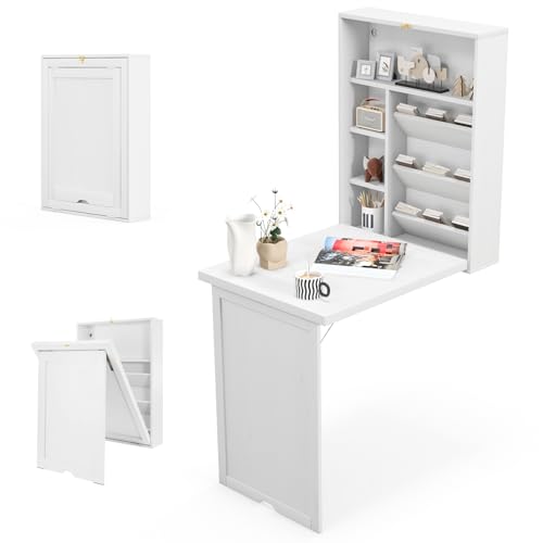 Tangkula Foldable Wall Mounted Desk, Floating Table with Storage Shelves & Hooks, Space-Saving Fold-Up Murphy Desk for Small Spaces, Home Office, Dorm Room Tangkula