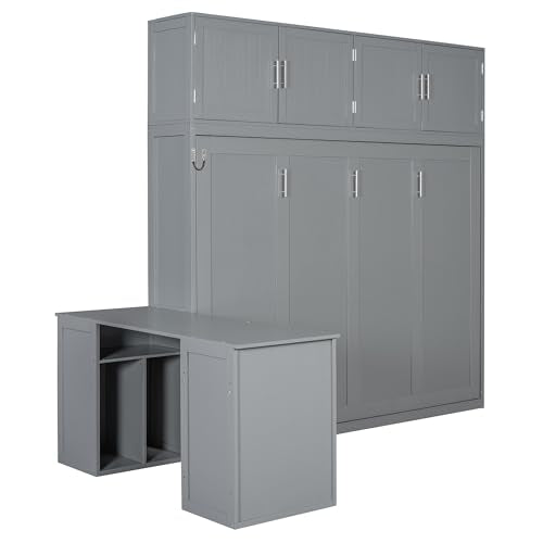 MaiDeHaoo Horizontal Queen Size Murphy Bed with Desk and Storage Drawers, Space Saving Wood Folding Wall Bed with Storage Shelves and Cabinets, Gray MaiDeHaoo
