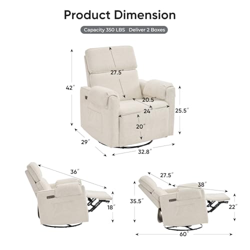 Rhevoy 24" Extra Wide Swivel Rocker Recliner Chair with Adjustable Headrest, Oversized Power Rocker Recliner with Overstuffed Armrest, Chenille Rocking Chair Nursery with USB Ports, White
