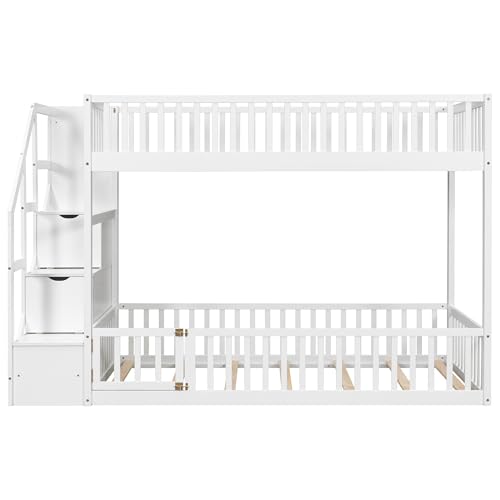 Wooden Twin over Twin Bunk Bed with Storage Stairs and Slats Support for Kids Teens, Floor Bunk Bed with Door and Full-Length Guardrails for Boys Girls, Space Saving, No Box Spring Needed, White MERITLINE