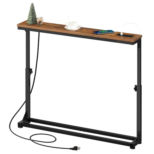 HOOBRO Narrow Console Table with Charging Station, Adjustable Height Sofa Table (25''-32.9''), Slim Behind Couch Table for Small Spaces, Entryway, Living Room, 39.4" Rustic Brown BF95UXG01 HOOBRO