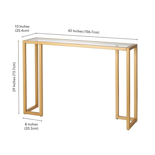 Pemberly Row Art Deco Metal Console Table, Brass Finish, 42 in x 10 in x 29 in, Tempered Glass Top and Shelf, Modern Industrial Style, Entryway or Living Room Accent Table for Home Decor Pemberly Row