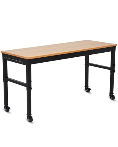 60" Adjustable Height Workbench with Lockable Wheels, Built-in Outlets & Heavy Duty Rubberwood Top, 2500 LB Capacity Work Bench, Garage Work Table for Workshop, Repair Shop, Home, Office EliteEdge