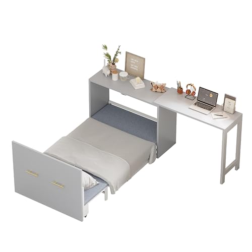 JIVOIT Twin Size Murphy Chest Dresser Bed with Desk, Foldable Cushion, Murphy Cabinet Bed with Adjustable Position Desk for Guest Room, Small Space, No Box Spring Needed (Gray//17) JIVOIT