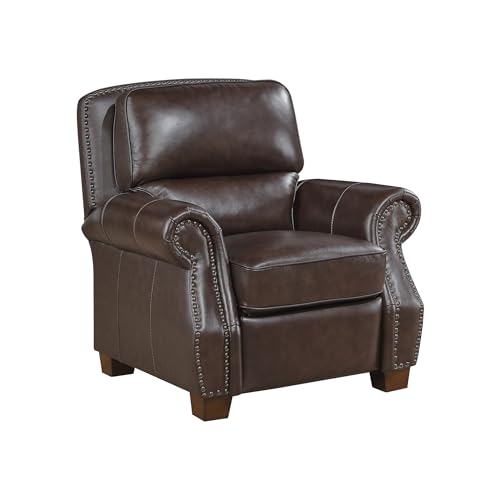 Lexicon Push Back Reclining Chair, Top Grain Leather Match Push Back Recliner Chair with Nailhead Trim, Rolled Arms, Solid Wood Legs, for Living Room/Apartment/Office, Easy Assembly, Brown
