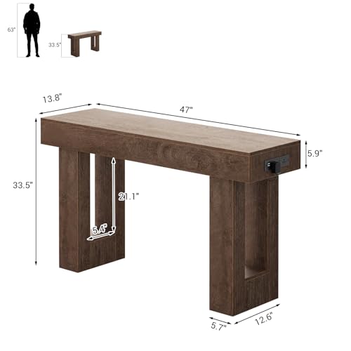 Unikito 47" Entryway Table with Socket and Sensor Light, Narrow Console Table with Storage Behind Couch, Farmhouse Entry Way Tables with Open Storage for Entrance/Hallway/Living Room, Rustic Oak Unikito
