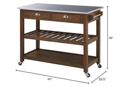 BOWERY HILL Modern Wood/Stainless Steel Kitchen Cart in Chestnut Wire-Brush BOWERY HILL