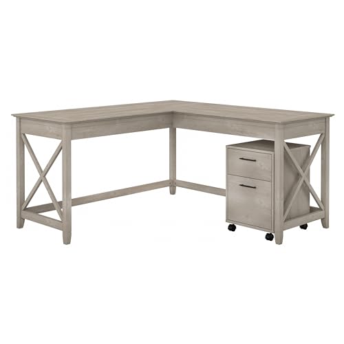 Bush Furniture Key West 60W L Shaped Desk with 2 Drawer Mobile File Cabinet in Washed Gray Bush Business Furniture