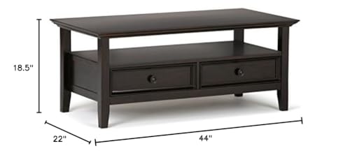 SIMPLIHOME Amherst SOLID WOOD 44 inch Wide Rectangle Coffee Table in Hickory Brown for the Living Room and Family Room SIMPLIHOME