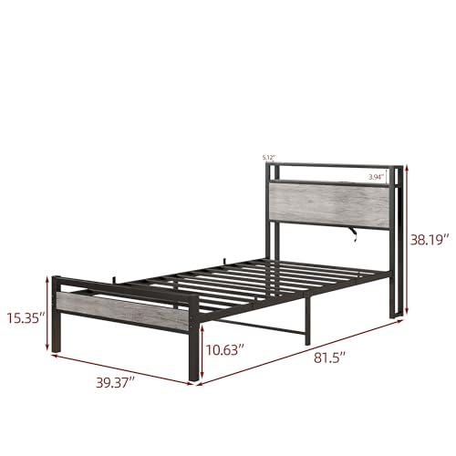 BOFENG Twin Bed Frame with Wood Storage Headboard/USB Charging Station,Heavy Duty Metal Single Platform Bed Frames No Box Spring Needed,Heavy Duty Metal Slats,Noise Free,Greige BOFENG