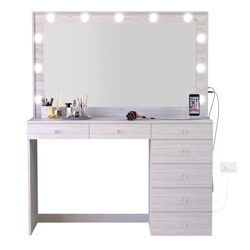 Boahaus Isolde Large Greige Makeup Vanity Desk with Lights, 7 Drawers, USB and Power Outlet, Large Top, Vanity Mirror with Lights Built-in, Farmhouse, Crystal Knobs, 58.2'' H x 47.2'' W x 17.7'' D Boahaus
