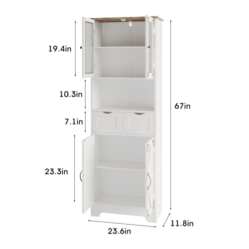 Maupvit 67" Tall Bathroom Storage Cabinet with 4 Doors & 2 Drawer, Freestanding Pantry Cabinet, Linen Storage Cabinet with Adjustable Shelves for Living Room, Kitchen, White Maupvit