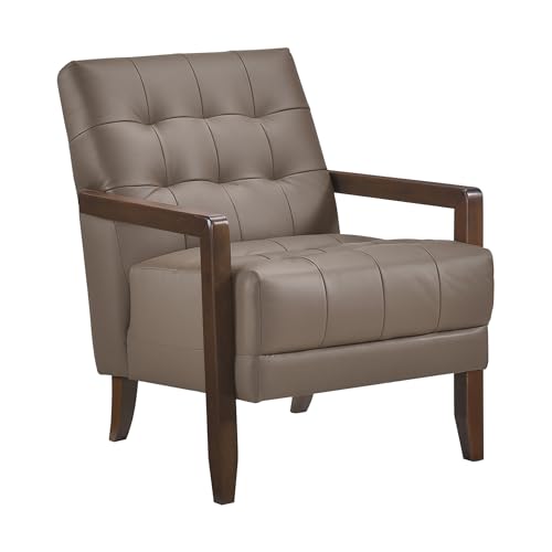 Lexicon Modern Accent Chair, Luxury Genuine Leather Match Living Room Chair with Tufted Cushions, Solid Wood Frame and Arm Rest, Comfy Upholstered Single Seat for Bedroom/Reading/Office, Brown Lexicon