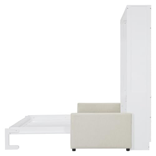 P PURLOVE Full Wood Murphy Bed with Sofa, Wall Bed Without Slats, No Box Spring Needed (White) P PURLOVE