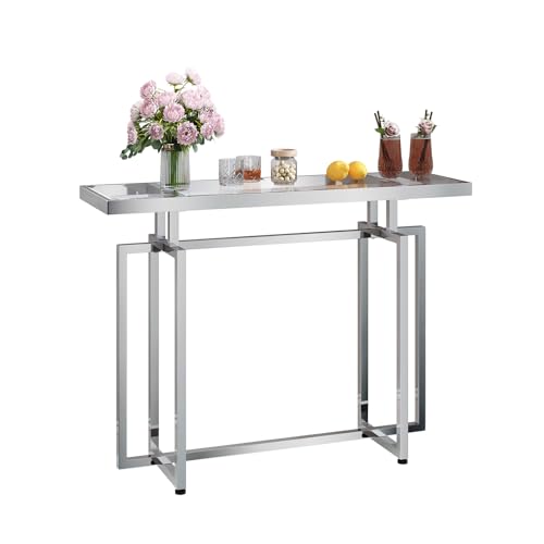 ASYA Glass Console Table for Entryway, Modern Entryway Table with Tempered Glass & Chrome Frame, Silver Sofa Table for Living Room Hallway ASYA