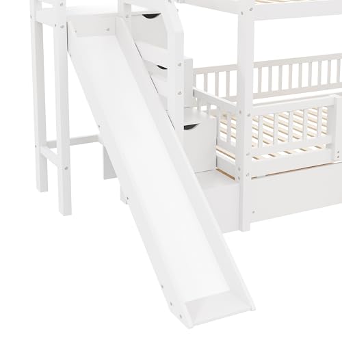 Merax Bunk Bed Twin Size with Drawers, Slide and Storage Stairs, Solid Wood Bunk Bed Frame with Fence for Kids Teens, No Spring Box Required, No Squeaks,White Merax