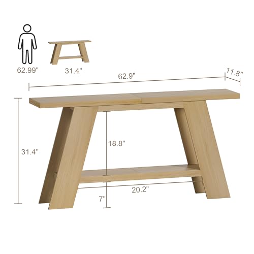 Treocho 63 Inch Long Console Tables for Entryway, 2-Tier Modern Wood Sofa Table with Shelf Behind Couch, Contemporary Narrow Entryway Table for Living Room, Hallway, Entrance, Hallway, Entrance, Oak Treocho