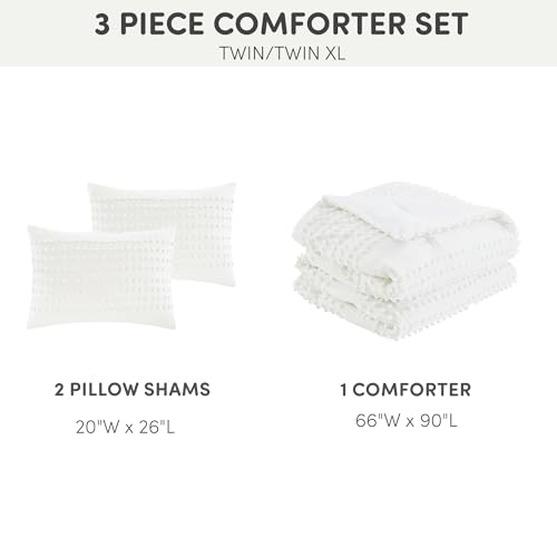 Comfort Spaces Cotton Comforter Set Jacquard Pom-Pom Tufts Design, Down Alternative, All Season Modern Bedding, Matching Shams, Twin/Twin XL, Phillips, Ivory Comfort Spaces