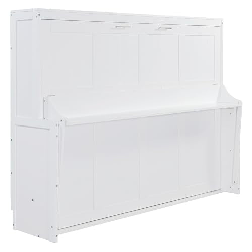 Merax Murphy Bed Queen Size with Desk, Wood Folding Wall Bedframe with Smooth Hydraulic Lift, for Small Bedroom, Guest Room, Home Office, White Merax