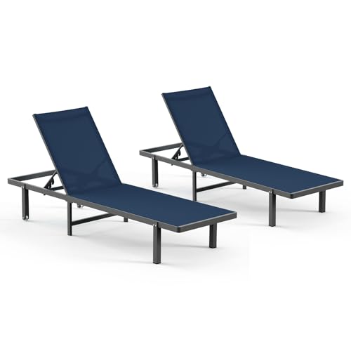 Oasbira Aluminum Outdoor Lounge Chairs Set of 2, Pool Lounge Chairs with Wheels and 5-Position Recliner -Easy to Move- Patio Chaise Lounge Outdoor for Poolside, Deck, Beach (NavyBlue)
