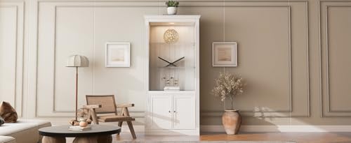 Virubi 78.75" Farmhouse Tall Bookcase Display Cabinet with Storage and LED Light, 5 Colors Adjustable, Wood Mid Century Modern Bookshelves with Shelves for Living Room, Office, Freestanding, White Virubi