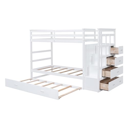 P PURLOVE Twin Over Twin Bunk Bed with Stairs and Trundle, Solid Wood Bunk Beds with Stairway Storage for Teens,Kids,White P PURLOVE